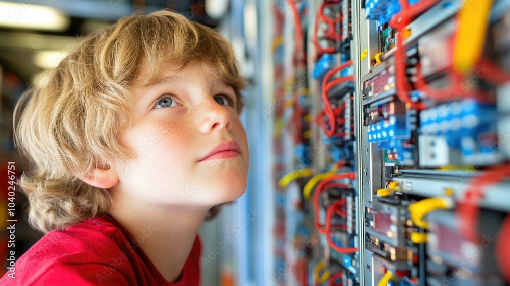 Young boy exploring electrical components in a workshop during afternoon hours Young boy exploring electrical components in a workshop during afternoon hours