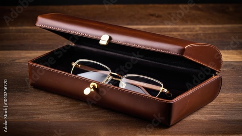 A pair of stylish brown glasses with clear lenses is neatly placed in an elegant leather case, resting on a smooth wooden tabletop surface. photo