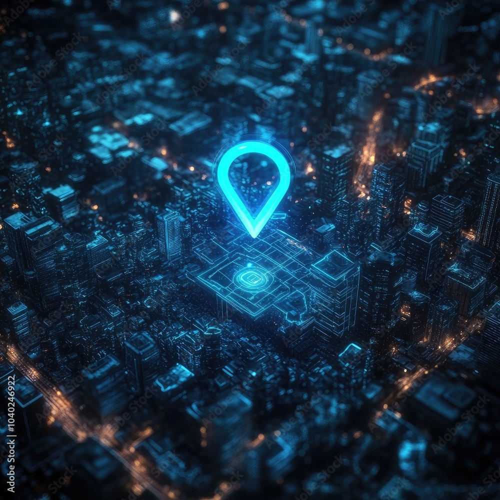 Aerial view of a cityscape with a glowing location pin on a map. Aerial view of a cityscape with a glowing location pin on a map.