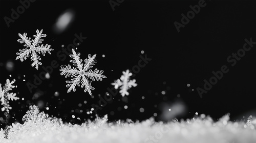 A detailed close-up image of isolated snowflakes against a black background, illuminated from above to highlight their intricate patterns and textures, creating a captivating winte photo