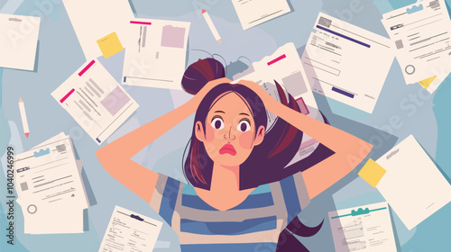 Flat worried woman have list of credit debts and overdue bills, flat lay vector illustration, debt recovery, recovery debt, recovery