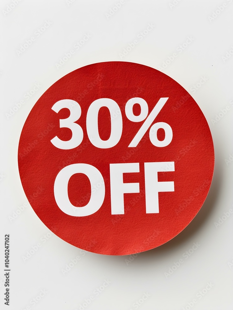 White '30% OFF' Text on a Red Round Paper Note. White Background White '30% OFF' Text on a Red Round Paper Note. White Background