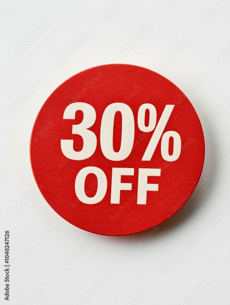 White '30% OFF' Text on a Red Round Paper Note. White Background White '30% OFF' Text on a Red Round Paper Note. White Background