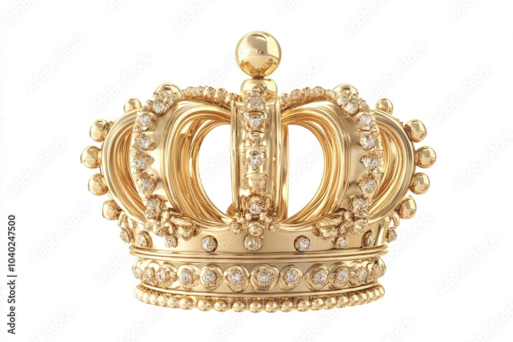 A luxurious gold crown adorned with sparkling diamonds on a pure white background A luxurious gold crown adorned with sparkling diamonds on a pure white background