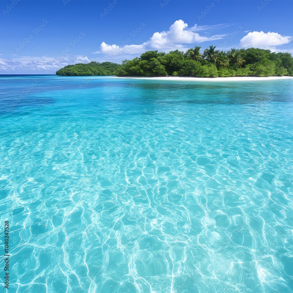 Fototapeta premium A serene tropical beach with clear turquoise water and lush greenery.