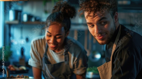 A couple prepares food in a kitchen