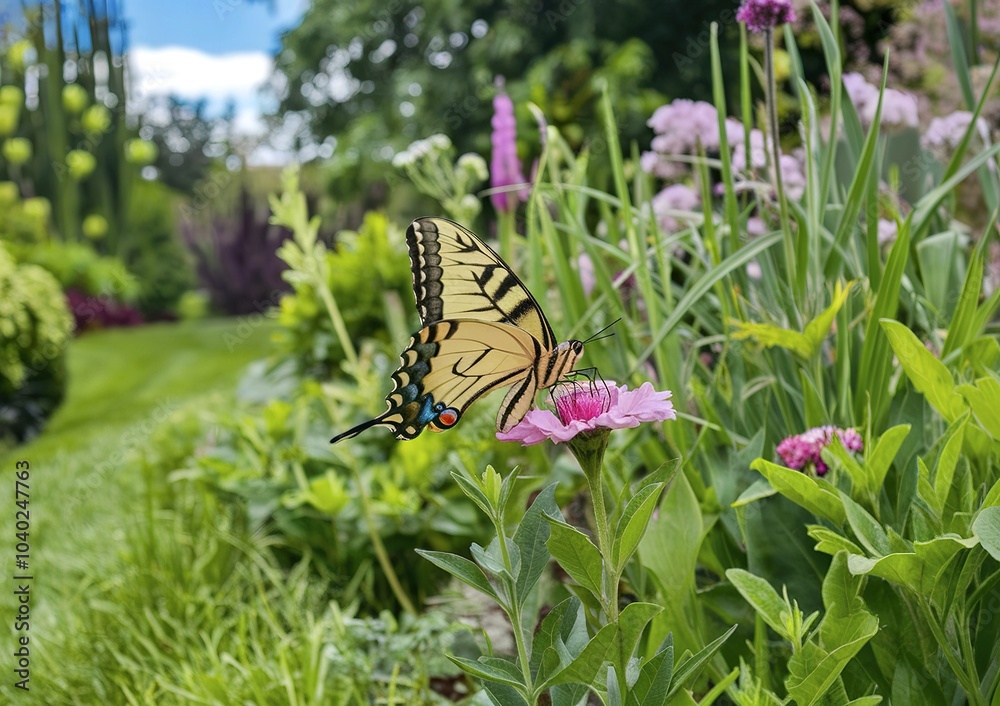 A yellow and black butterfly perched on a pink flower in a lush green garden A yellow and black butterfly perched on a pink flower in a lush green garden