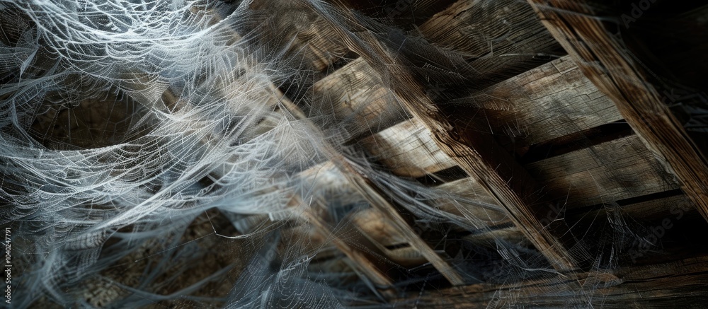 Cobwebs frozen from the wooden ceiling in a barn or rural toilet providing a striking copy space image Cobwebs frozen from the wooden ceiling in a barn or rural toilet providing a striking copy space image