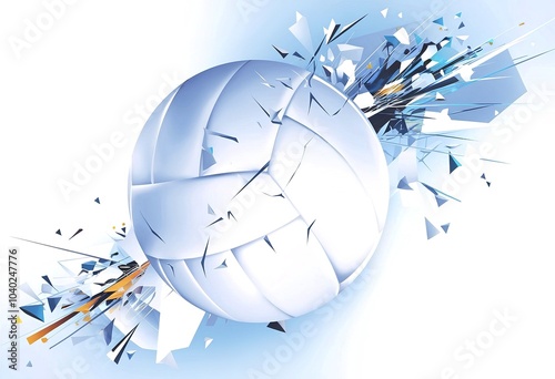 A white volleyball with a shattered glass effect, surrounded by abstract geometric shapes and lines against a light blue background