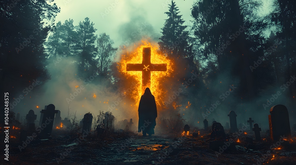 Dark Forest Scene with Burning Cross and Figure Dark Forest Scene with Burning Cross and Figure
