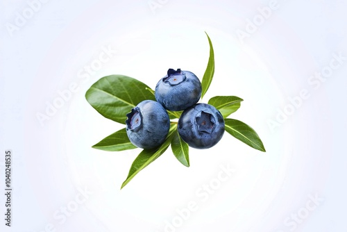 Blueberries with green leaves, close-up view on a white background