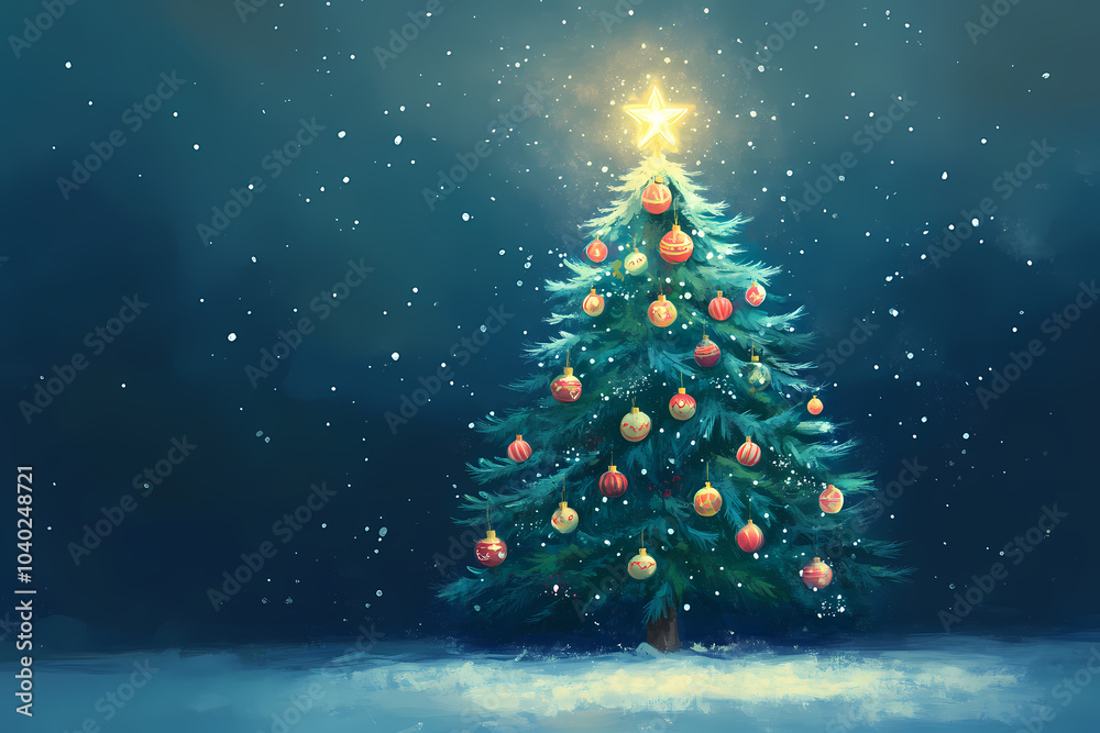 A festive illustration of a Christmas tree adorned with colorful ornaments, twinkling lights, and a shining star on top A festive illustration of a Christmas tree adorned with colorful ornaments, twinkling lights, and a shining star on top