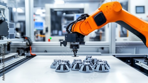 A robot performing precise operations in a modern 3D printing facility with clean, organized printing stations and advanced additive manufacturing tools, 3D printing tech style