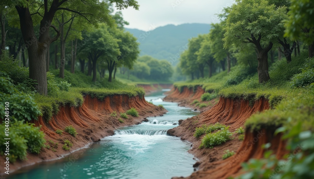 Enchanting natural landscape with a winding river amidst lush greenery and red clay banks Enchanting natural landscape with a winding river amidst lush greenery and red clay banks