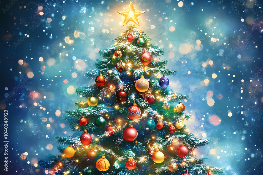 A festive illustration of a Christmas tree adorned with colorful ornaments, twinkling lights, and a shining star on top A festive illustration of a Christmas tree adorned with colorful ornaments, twinkling lights, and a shining star on top