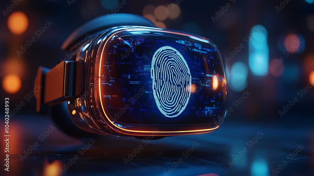 A VR headset interface displaying a fingerprint scan for login, holographic fingerprint pattern glowing brightly, futuristic digital environment, dark setting with ambient blue lighting, A VR headset interface displaying a fingerprint scan for login, holographic fingerprint pattern glowing brightly, futuristic digital environment, dark setting with ambient blue lighting,