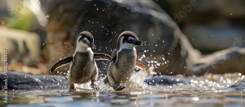 Cute baby Humboldt penguin chicks entering the water in a charming setting with a copy space image available photo