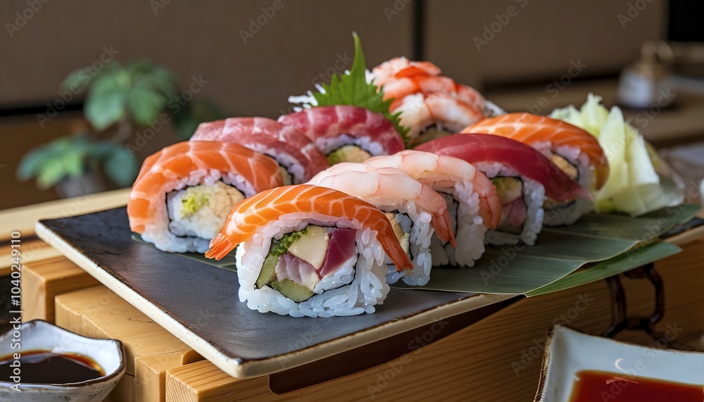 Fresh seafood maki sushi plate, a Japanese gourmet lunch delight