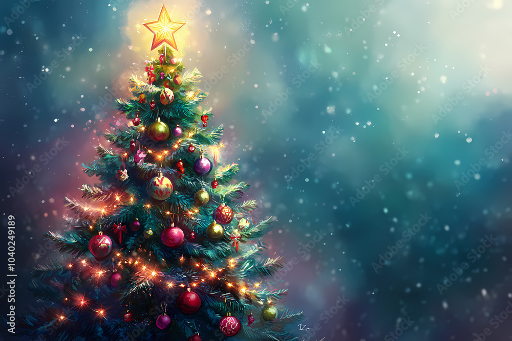 A festive illustration of a Christmas tree adorned with colorful ornaments, twinkling lights, and a shining star on top A festive illustration of a Christmas tree adorned with colorful ornaments, twinkling lights, and a shining star on top