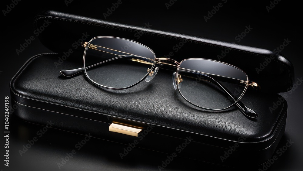 Elegant eyeglasses with black and gold frames rest in a sleek black case. The glasses feature clear lenses and shiny metal accents that add sophistication. Elegant eyeglasses with black and gold frames rest in a sleek black case. The glasses feature clear lenses and shiny metal accents that add sophistication.