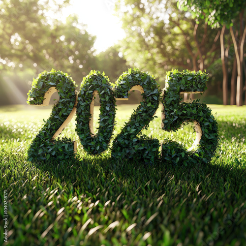 2025 Made of Green Leaves in a Natural Forest Setting – Eco-Friendly New Year Concept photo