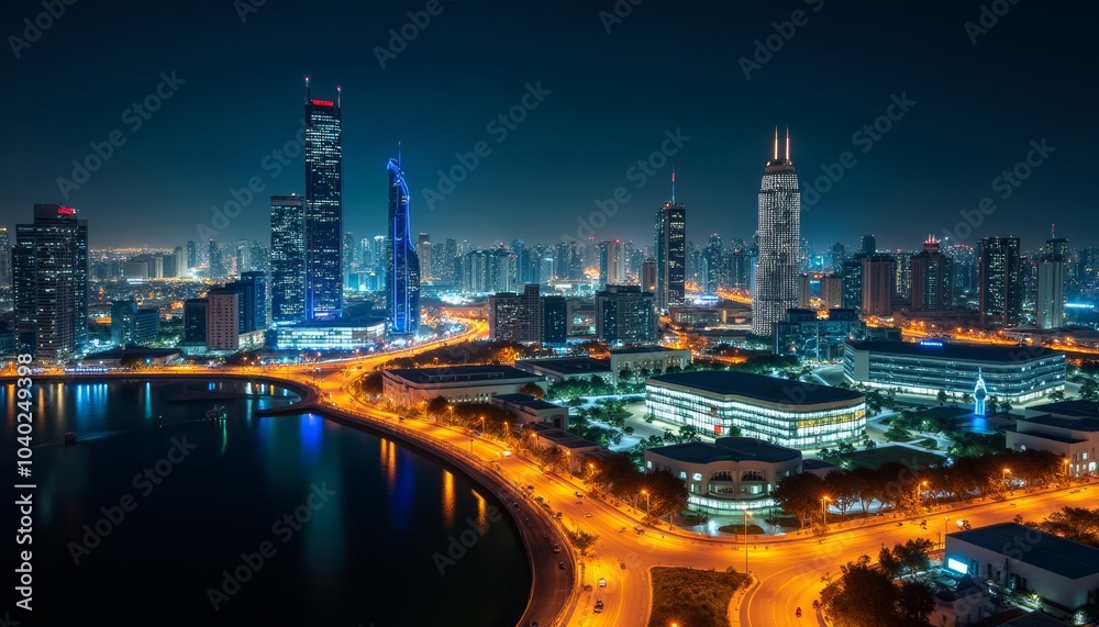 Fototapeta premium Vibrant cityscape at night illuminated by bright lights and reflecting off the water