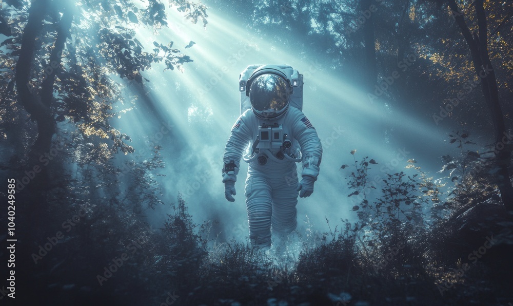 Obraz premium Astronaut Exploring Mystical Forest Landscape