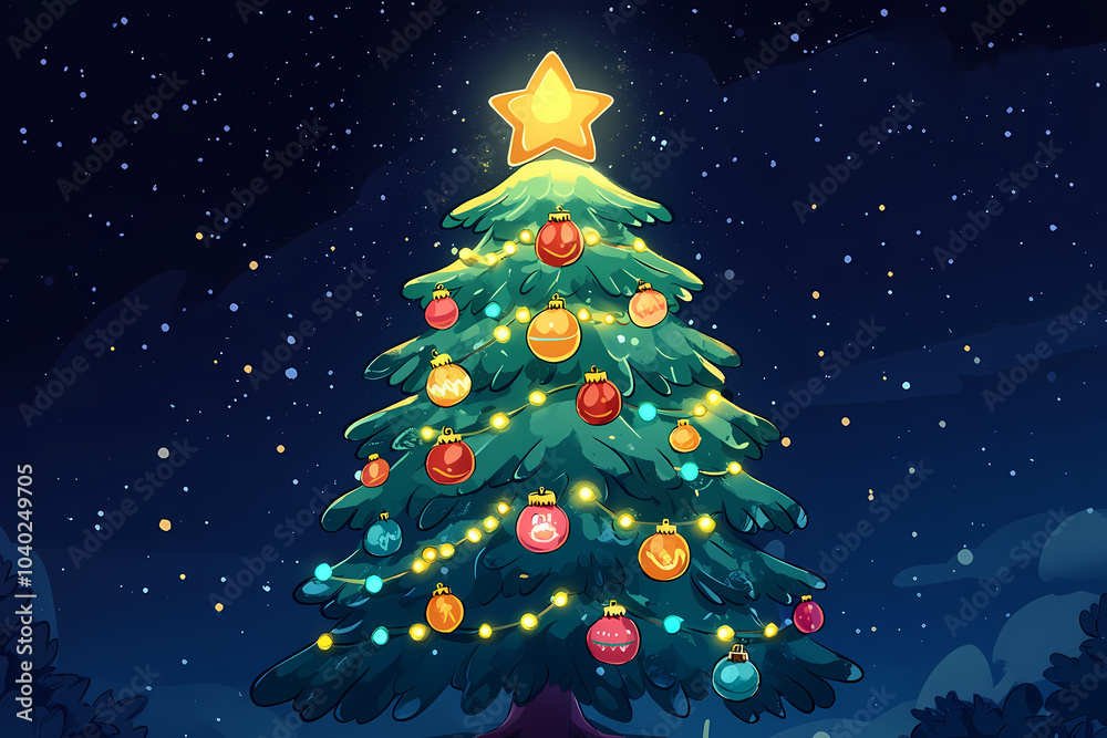 A festive illustration of a Christmas tree adorned with colorful ornaments, twinkling lights, and a shining star on top A festive illustration of a Christmas tree adorned with colorful ornaments, twinkling lights, and a shining star on top