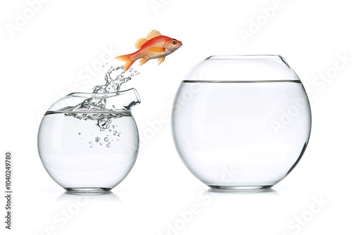 Red fish jumps from a cruet to a bigger one, white background