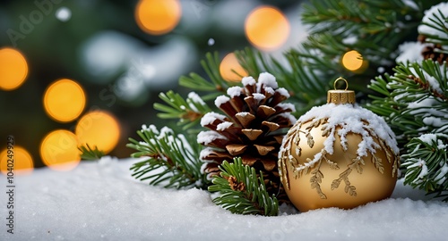 A snowy pinecone resting on snow alongside an evergreen branch, with soft holiday bokeh lights in the background.

