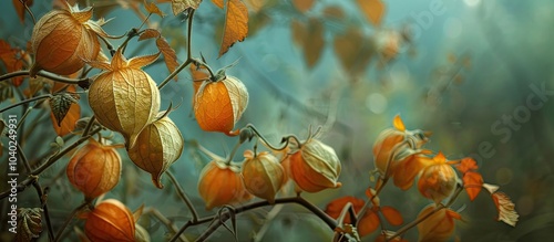 The ceplukan fruit or Physalis Peruviana thrives in the wild behind the house creating a picturesque scene with abundant copy space image photo