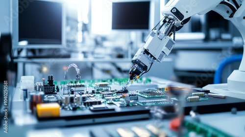 A robot performing precision assembly tasks on intricate electronic components in a clean, high-tech electronics lab with organized workstations, Electronics assembly tech style