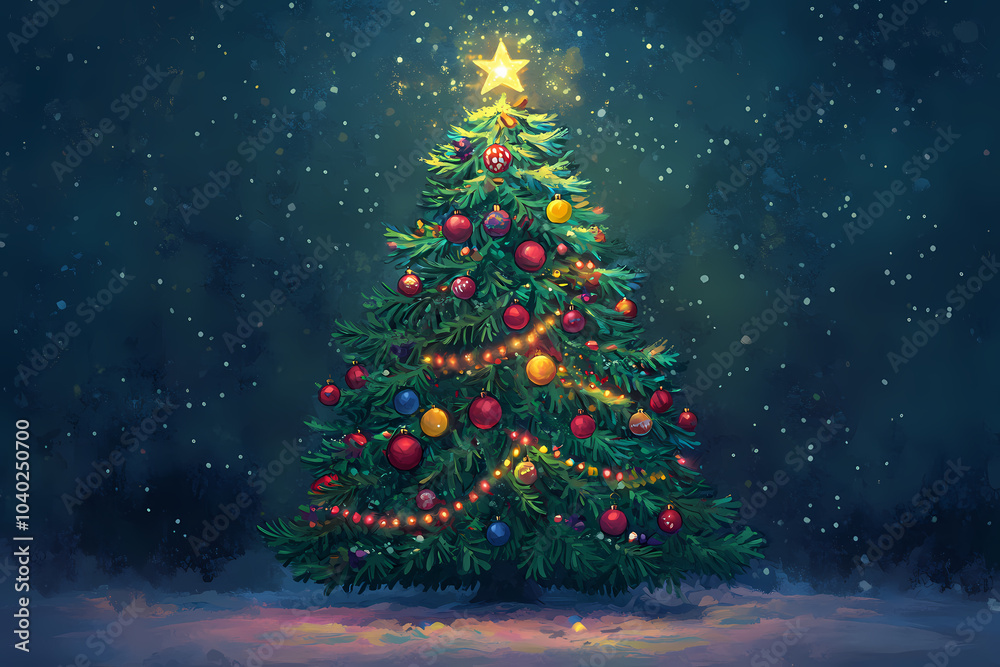 A festive illustration of a Christmas tree adorned with colorful ornaments, twinkling lights, and a shining star on top A festive illustration of a Christmas tree adorned with colorful ornaments, twinkling lights, and a shining star on top