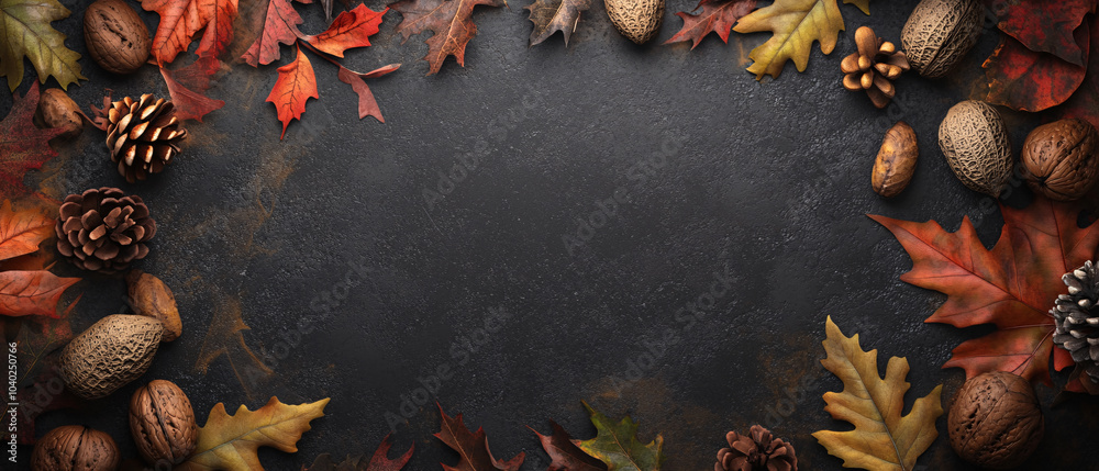Autumn Leaves and Nuts Frame on Dark Background Autumn Leaves and Nuts Frame on Dark Background