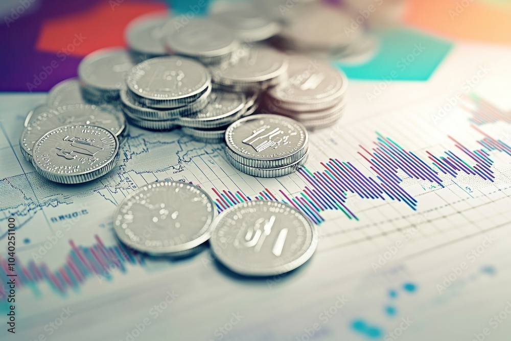 Silver coins scattered across colorful financial chart Silver coins scattered across colorful financial chart