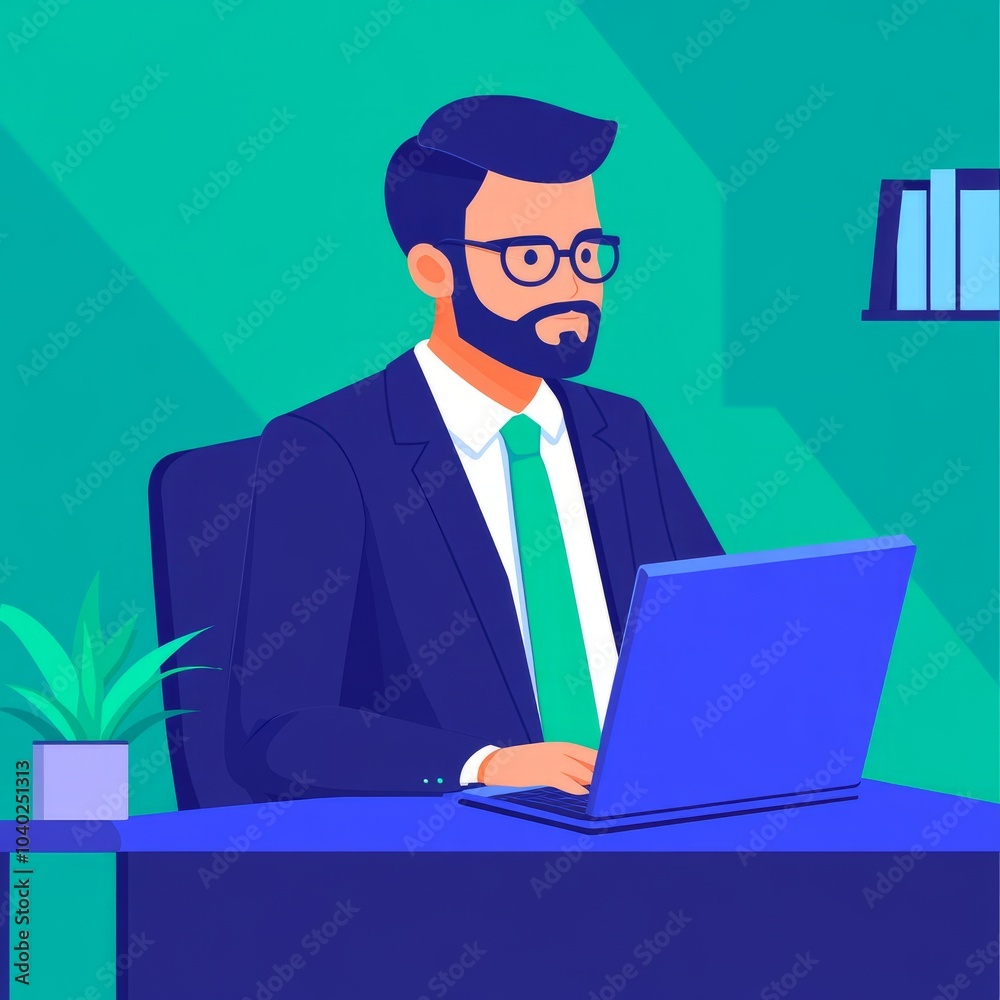 A businessman working on a laptop at a desk in a modern office setting. A businessman working on a laptop at a desk in a modern office setting.