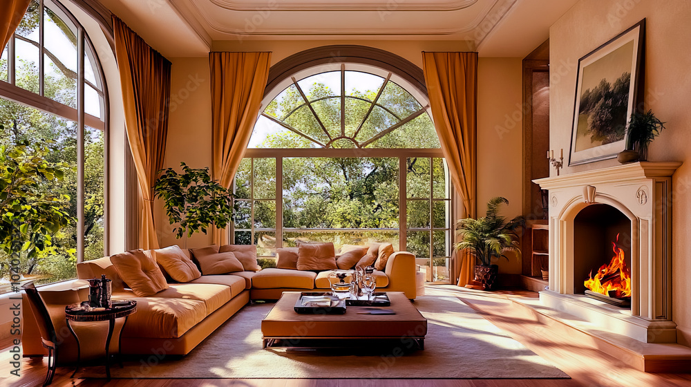 Fototapeta premium Sofa against fireplace in room with arch window.