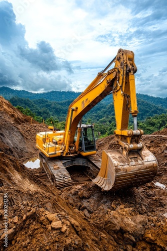 Coal mining in an open pit. Mining excavator loads coal in haul truck in quarry. Excavator digging in an open pit coal mine. Tipper truck hauling minerals from open-pit. Heavy machinery in opencast.