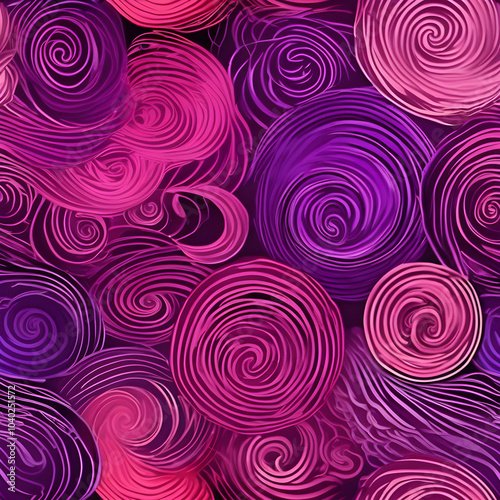 Watercolor seamless pattern. Abstract pattern of curves and circles in purple and pink tones.