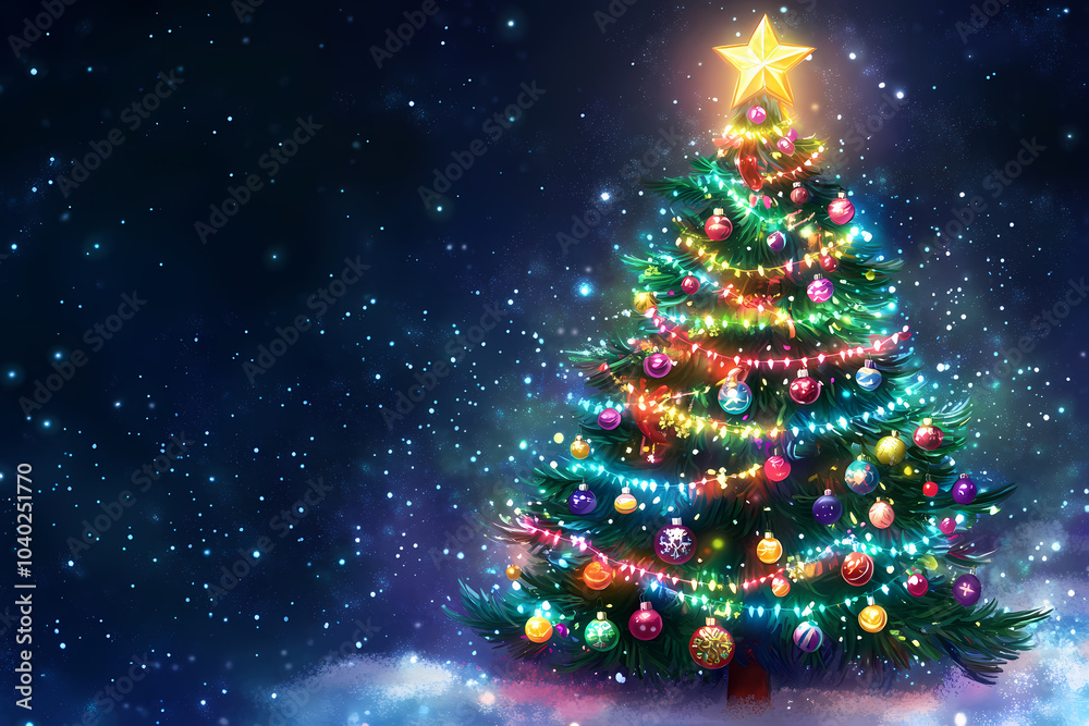 A festive illustration of a Christmas tree adorned with colorful ornaments, twinkling lights, and a shining star on top A festive illustration of a Christmas tree adorned with colorful ornaments, twinkling lights, and a shining star on top