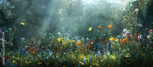 Fototapeta Naklejka Na Ścianę i Meble -  Wildflowers blooming in a meadow at the forest s edge with a significant amount of copy space image available