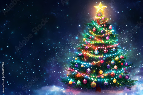 A festive illustration of a Christmas tree adorned with colorful ornaments, twinkling lights, and a shining star on top