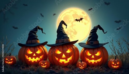  Spooky Halloween scene with jackolanterns and bats under a full moon