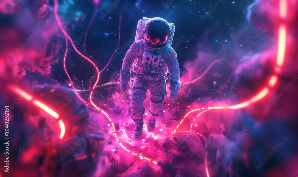 Astronaut Floating in Neon Space Fantasy Scene Astronaut Floating in Neon Space Fantasy Scene