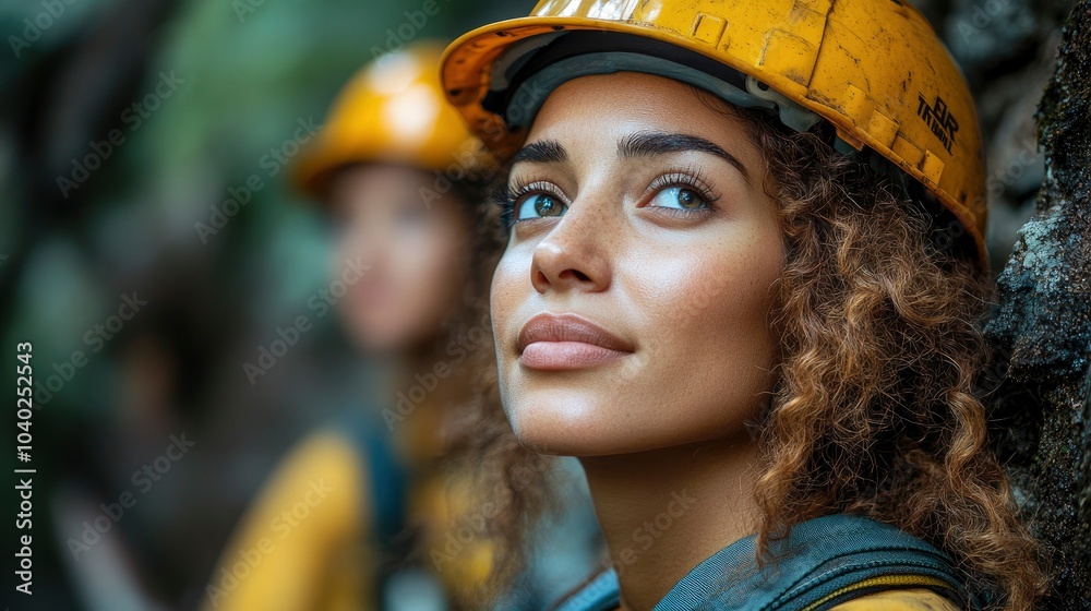 Woman with curly hair wearing helmet looking upwards in a forest Woman with curly hair wearing helmet looking upwards in a forest