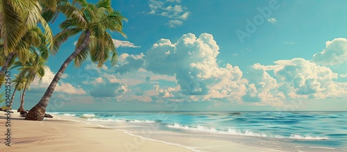 Tropical beach scene with palm trees offering a serene vacation vibe and plenty of copy space image photo