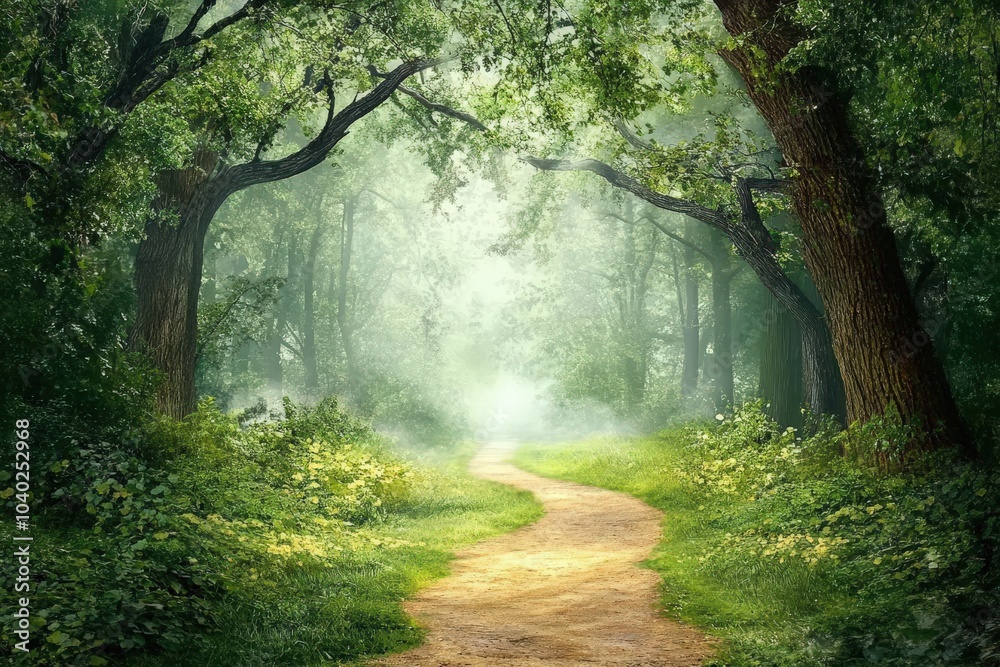 Fototapeta premium Serene forest path winding through lush green trees with sunlight filtering through the canopy, creating a tranquil and inviting atmosphere.