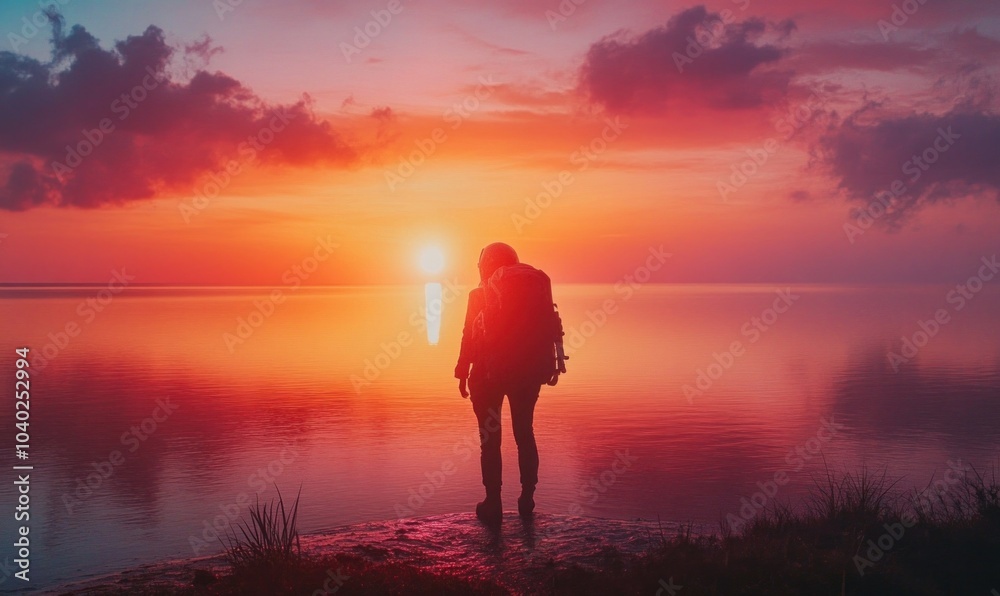 Fototapeta premium Traveler at Sunset on Lakeside Horizon