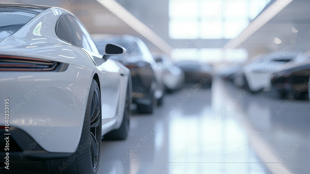 A captivating view of a showroom filled with new cars, with the interior blurred to create an abstract, stylish background, focusing on the sleek outlines of the cars for a premium A captivating view of a showroom filled with new cars, with the interior blurred to create an abstract, stylish background, focusing on the sleek outlines of the cars for a premium