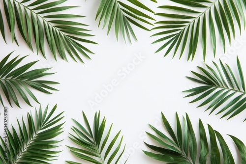 Tropical palm leaves arranged in a border on a white background. Ideal for natural themes, backgrounds, or decorative purposes.